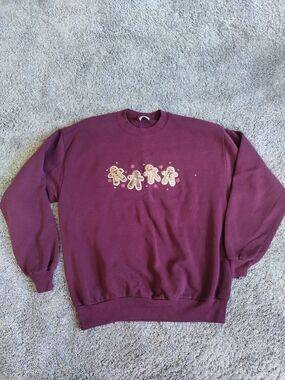 Jerzees Burgundy Crewneck Sweatshirt with Gingerbread Motif